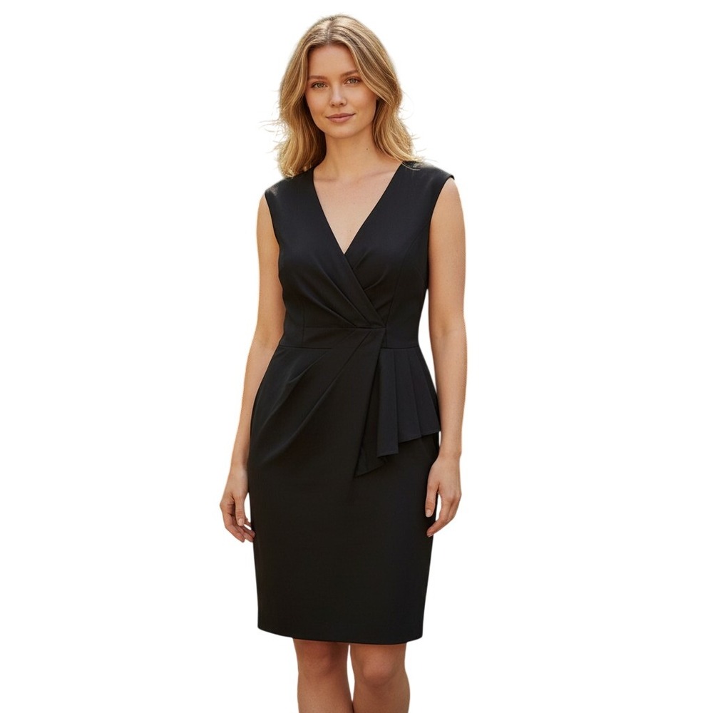 Evan Picone Sheath Dress‎ Womens 8P Black Excellent Pleated Surplice V-Neck LBD